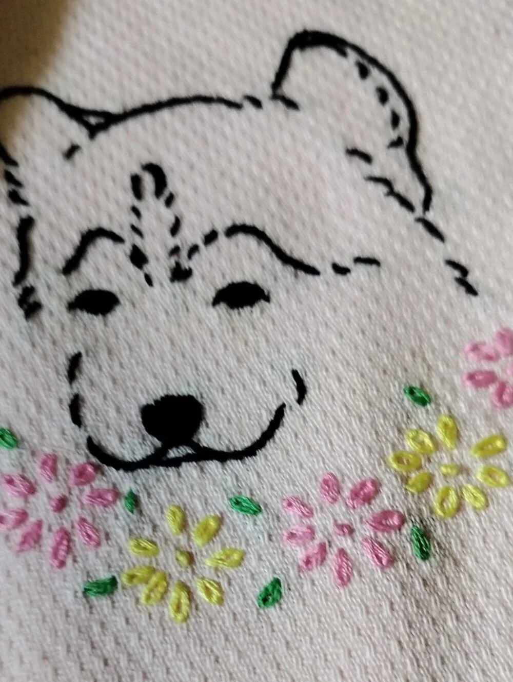 Embroidered Adorable Dog Hand Stitched Hand Towel - Pink, White, Vintage